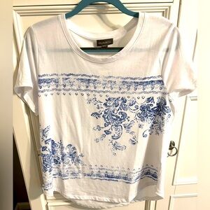 Style & Co White Tee With Blue Paisley or Bandana Print.  NWT